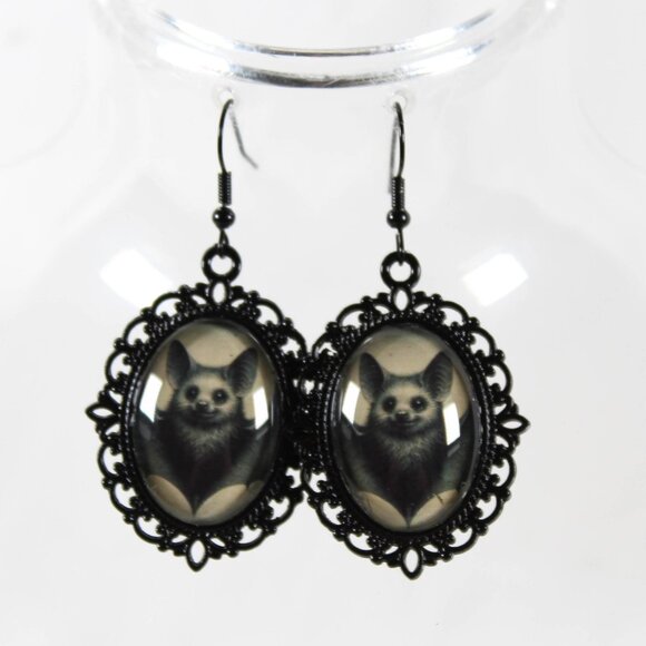 Victorian Gothic Bat Cameo Earrings – Vintage Sepia Bat Jewelry - Picture 1 of 3